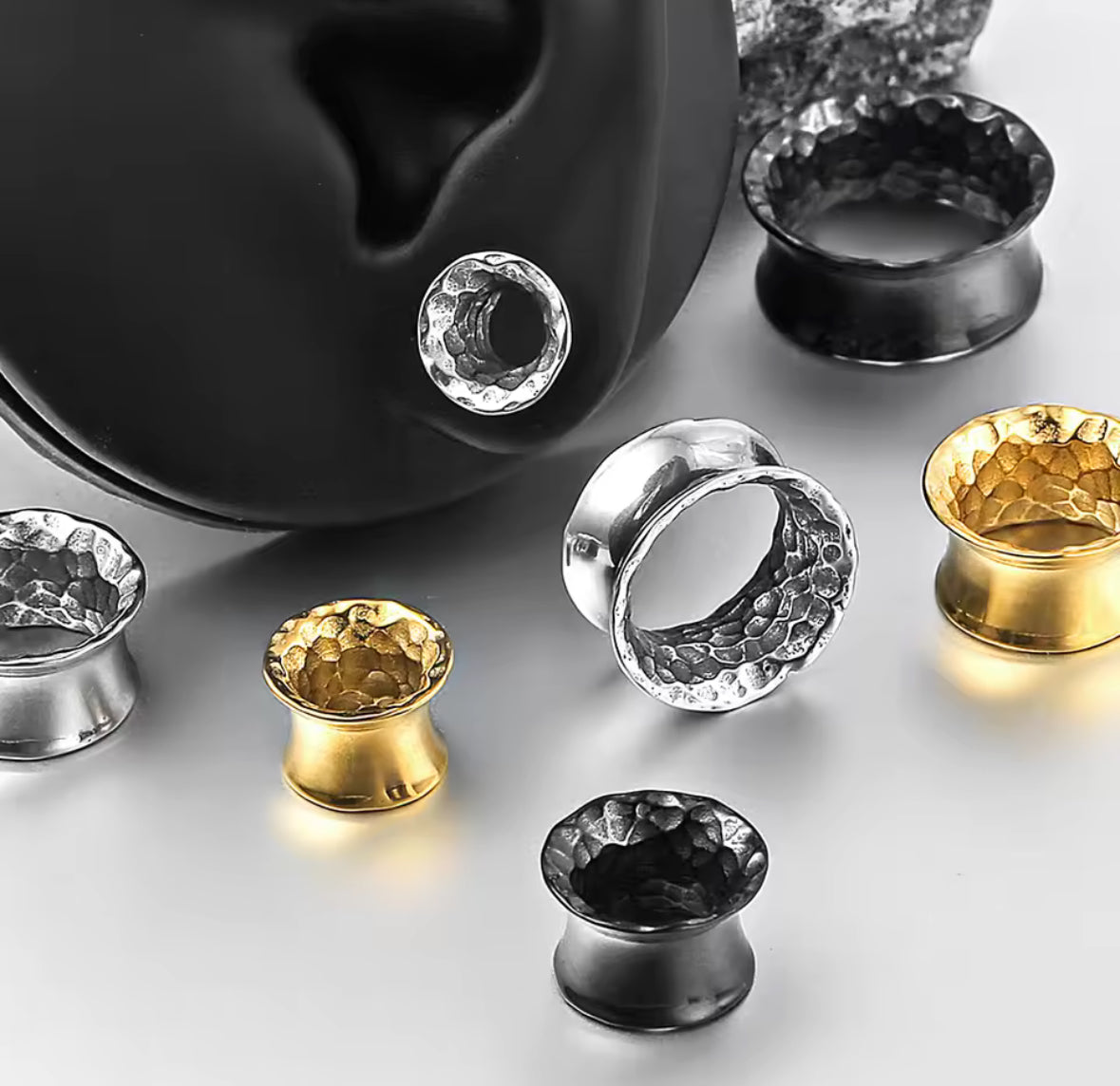 Hammered Flared Stainless Steel Tunnels