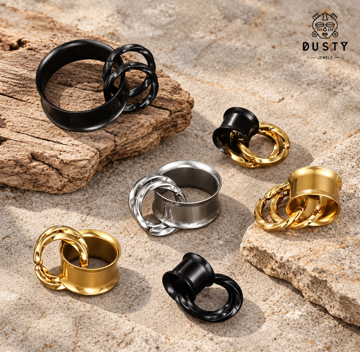 Steel Tunnels And Ring Stack Set | Steel Eyelets With Dangle Rings