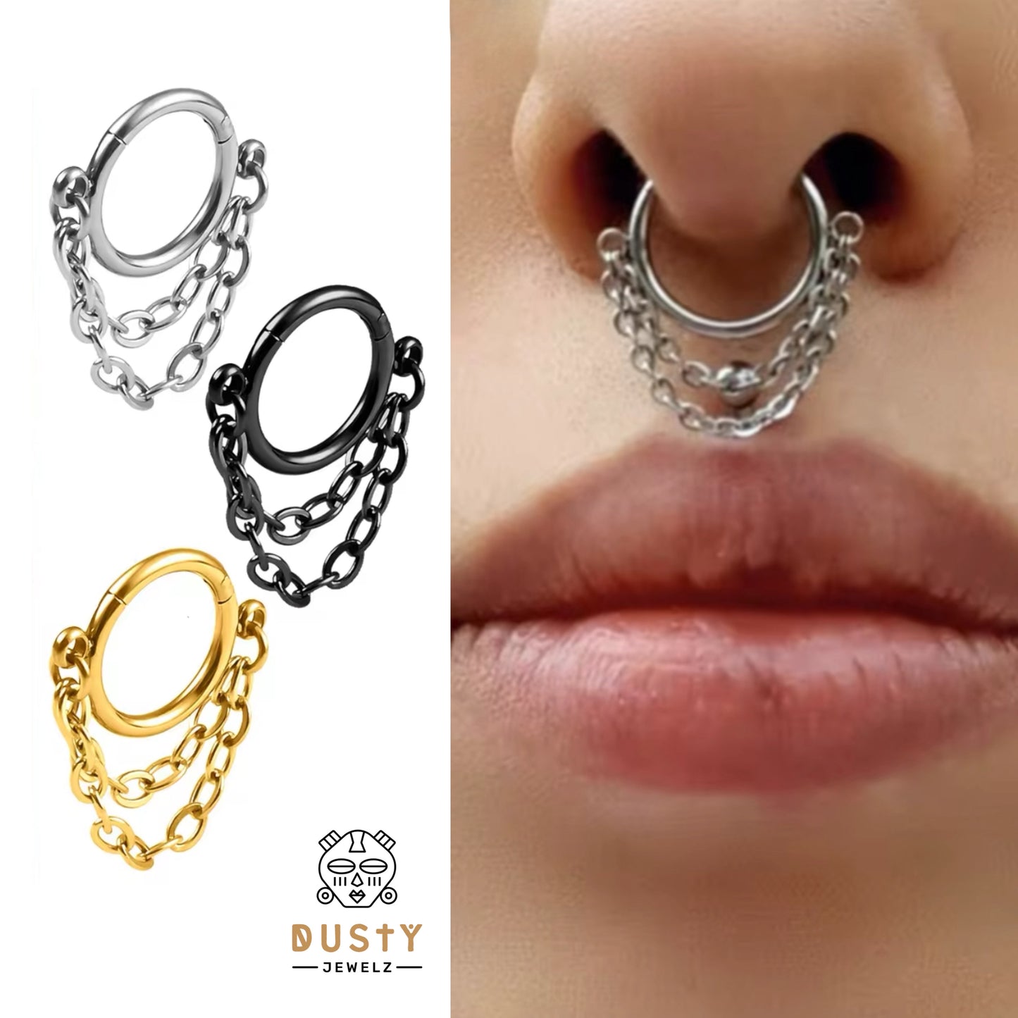 Triple Stacked Chain Septum Clicker Ring