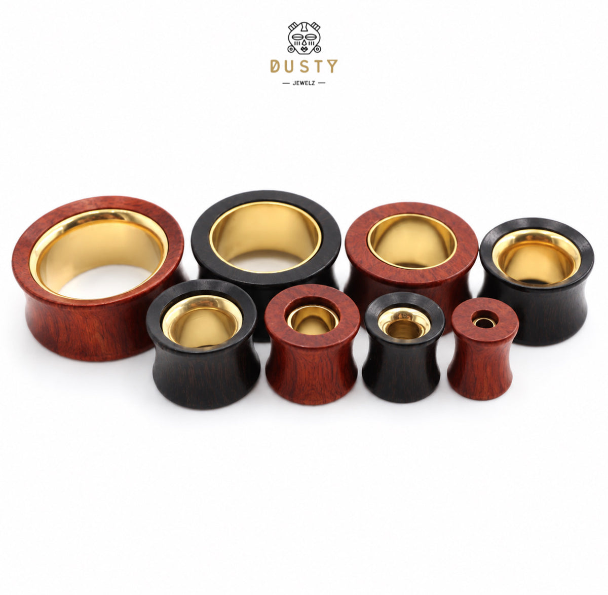 Wood Ear Tunnels with Gold-Tone Steel Insert | Red & Black Wood | 8-25mm