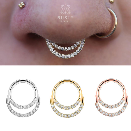 CZ Paved Double Layered Septum Ring | Nose Clicker