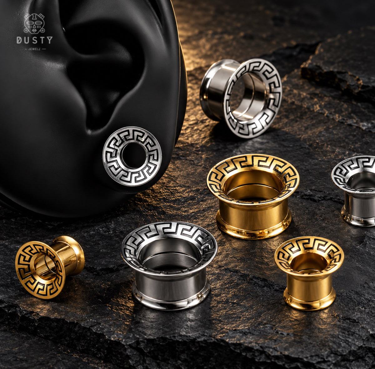 Greek Key Stainless Steel Screw Back Tunnels | Gold & Silver | 8–16mm