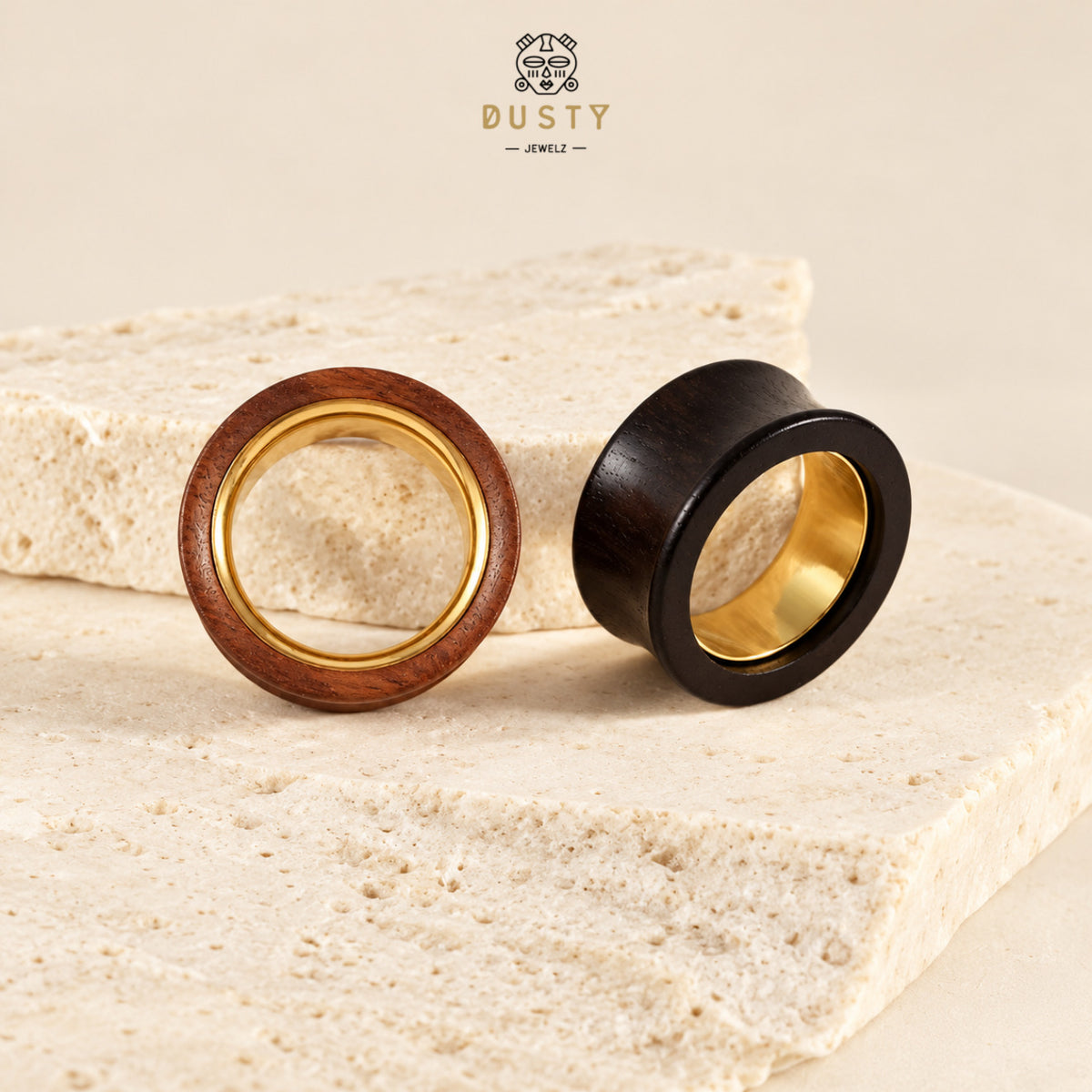 Wood Ear Tunnels with Gold-Tone Steel Insert | Red & Black Wood | 8-25mm