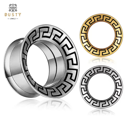 Greek Key Stainless Steel Screw Back Tunnels | Gold & Silver | 8–16mm