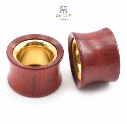 Wood Ear Tunnels with Gold-Tone Steel Insert | Red & Black Wood | 8-25mm