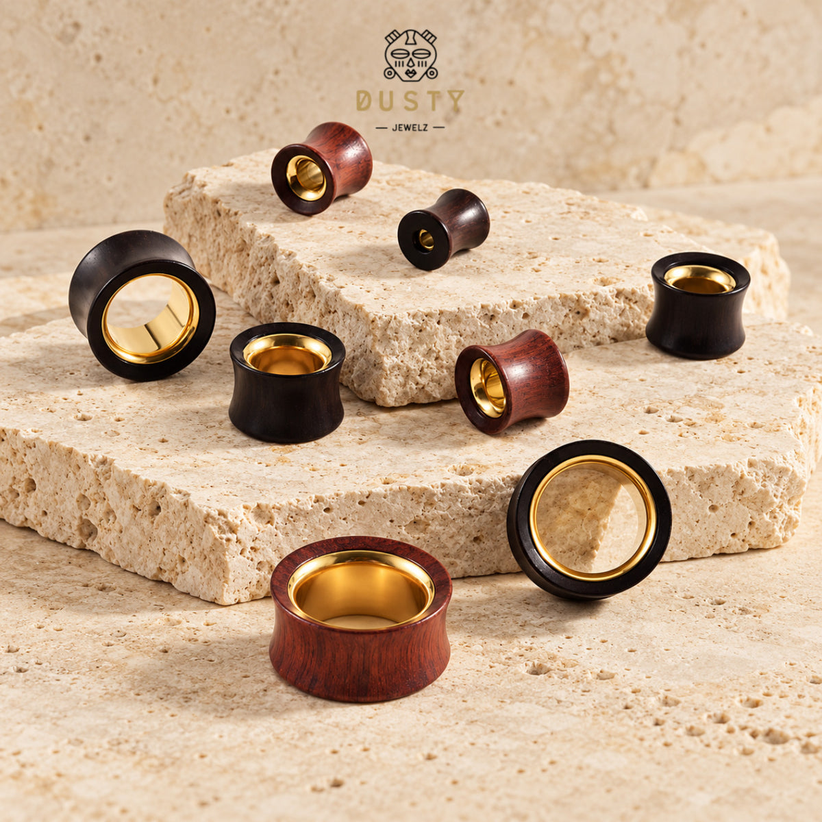 Wood Ear Tunnels with Gold-Tone Steel Insert | Red & Black Wood | 8-25mm