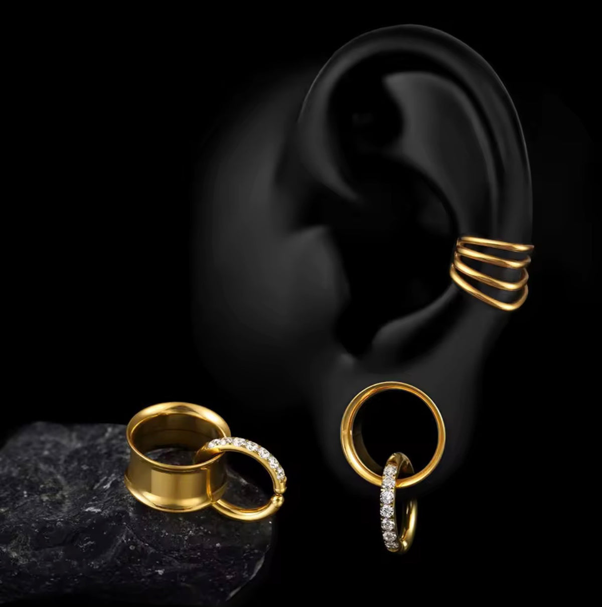 Tunnels And Ring Stack Set | Eyelets With CZ Dangle Rings