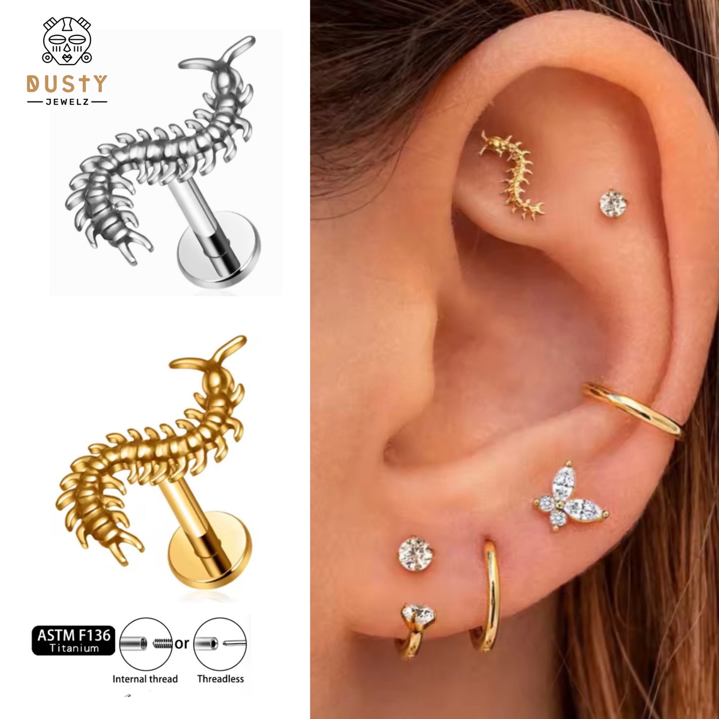 Centipede Cartilage Stud | Titanium | 16G | Push-In or Internally Threaded