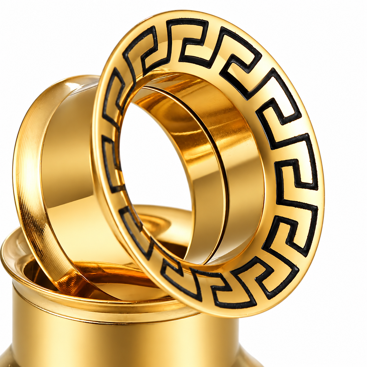 Greek Key Stainless Steel Screw Back Tunnels | Gold & Silver | 8–16mm