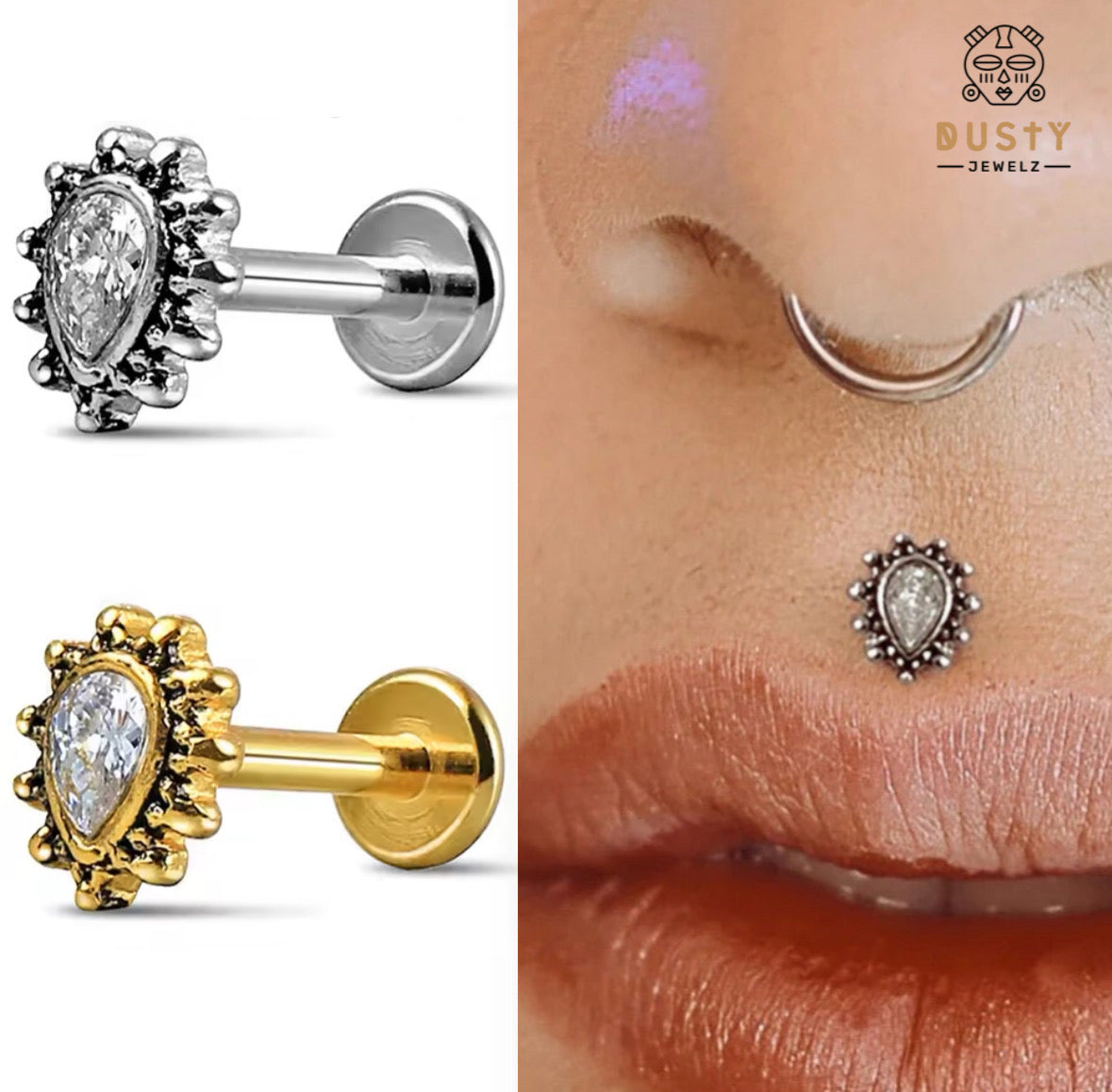 Teardrop Gem Labret Stud | Medusa Piercing | Philtrum