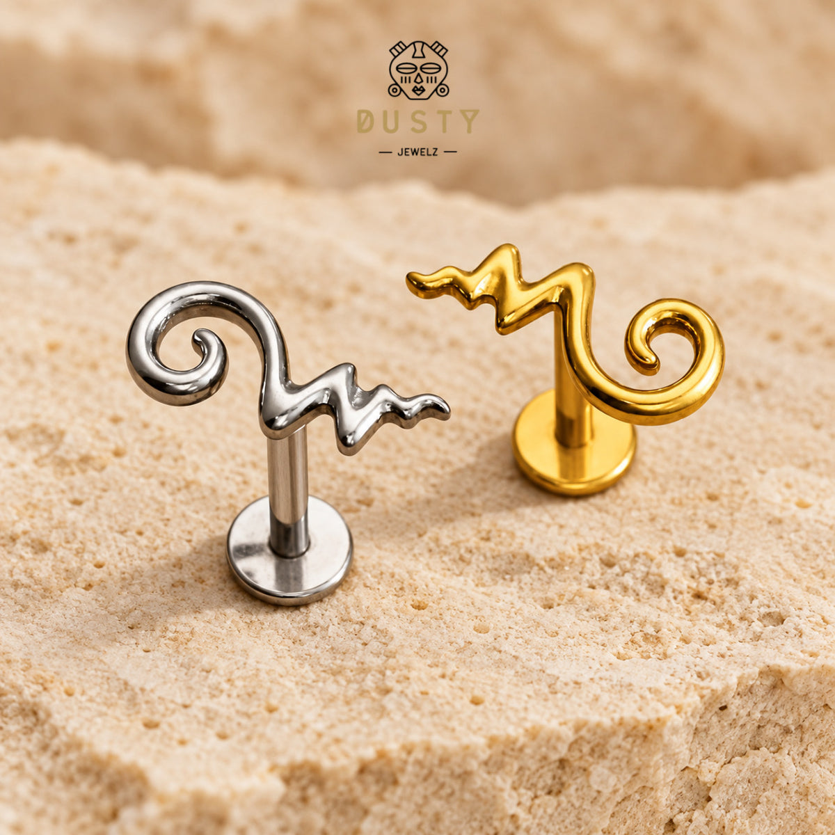 Unalome Labret Stud | Threadless Titanium | Gold or Silver