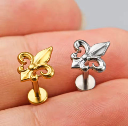 Fleur-de-Lis Titanium Threadless Flat Back Stud | Gold or Silver