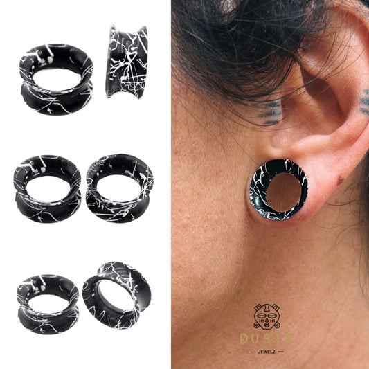 Silicone Ear Skins | Double Flare Tunnels | Splatter Paint | BLACK & WHITE