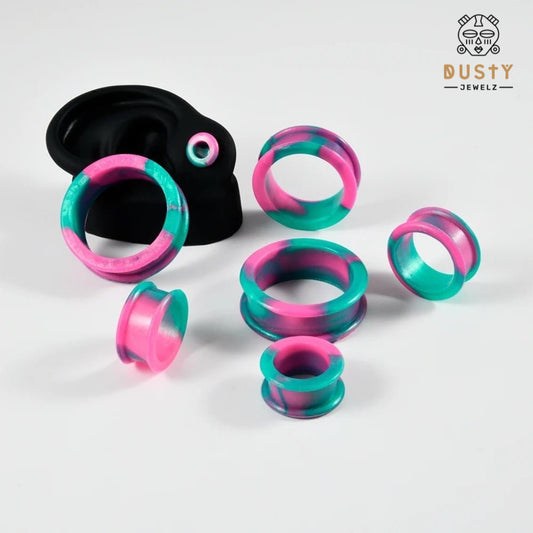 Extra Big Marble Silicone Tunnels | Flexible Plugs | AQUA & PINK | 8mm-38mm