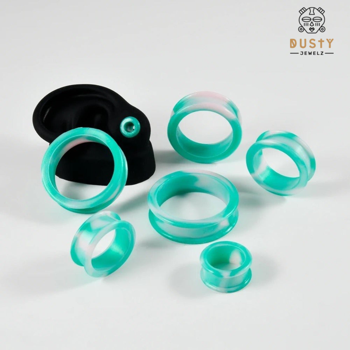 Extra Big Marble Silicone Tunnels | Flexible Plugs | AQUA & WHITE | 8mm-38mm