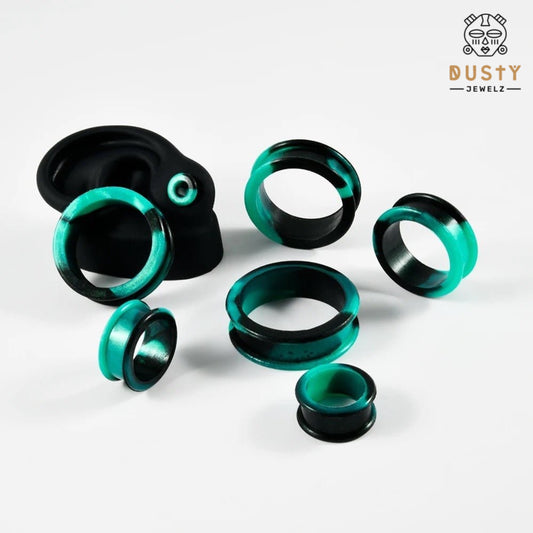 Extra Big Marble Silicone Tunnels | Flexible Plugs | BLACK & AQUA | 8mm-38mm
