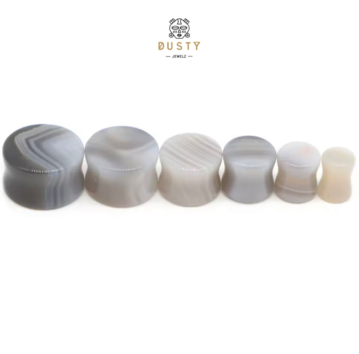Natural Grey Line Agate Stone Double Flared Plugs | 6–16mm