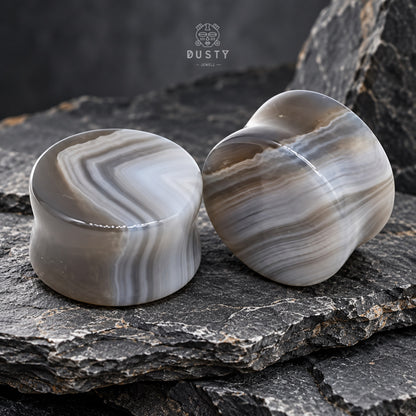 Natural Grey Line Agate Stone Double Flared Plugs | 6–16mm