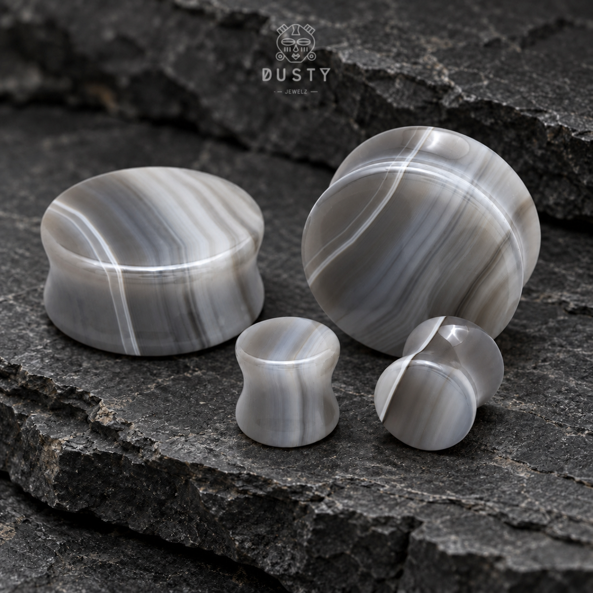 Natural Grey Line Agate Stone Double Flared Plugs | 6–16mm
