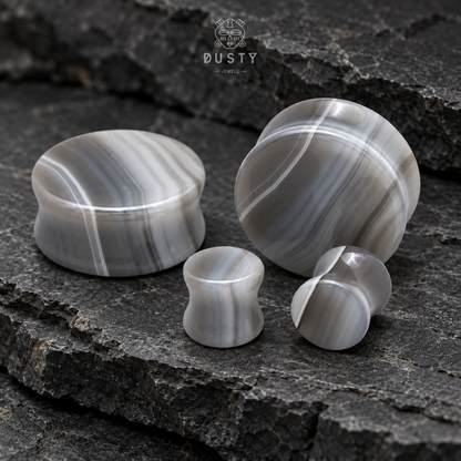 Natural Grey Line Agate Stone Double Flared Plugs | 6–16mm