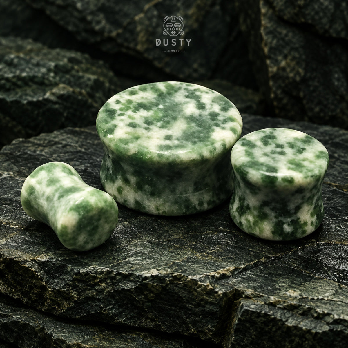 Green Spot Jade Stone Double Flared Plugs | 6–16mm
