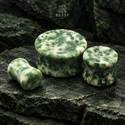 Green Spot Jade Stone Double Flared Plugs | 6–16mm