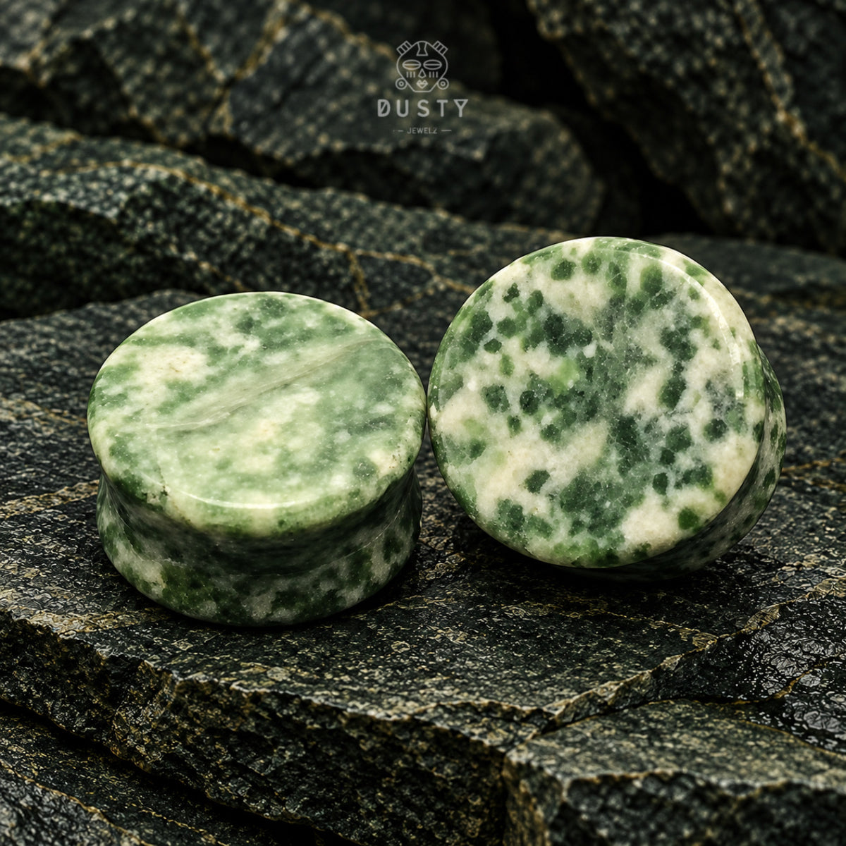 Green Spot Jade Stone Double Flared Plugs | 6–16mm