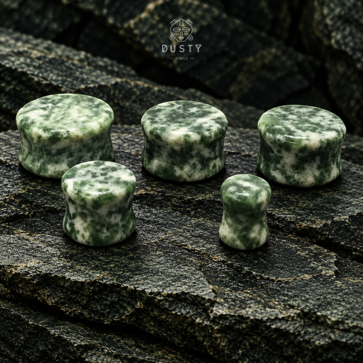 Green Spot Jade Stone Double Flared Plugs | 6–16mm