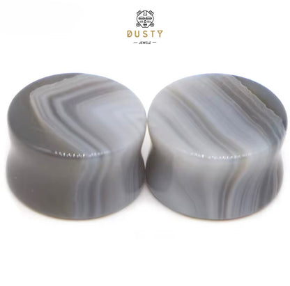 Natural Grey Line Agate Stone Double Flared Plugs | 6–16mm