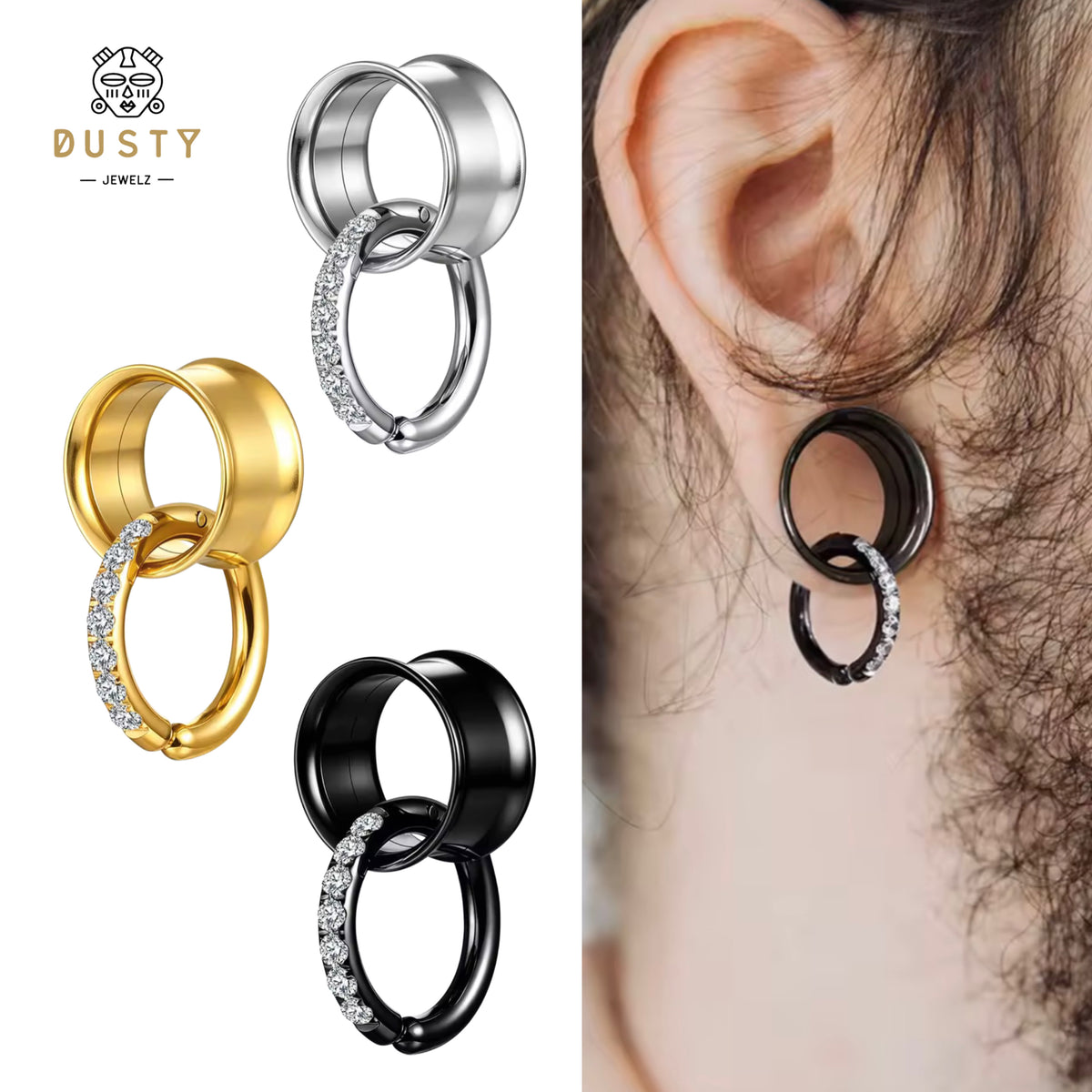 Tunnels And Ring Stack Set | Eyelets With CZ Dangle Rings