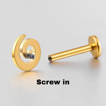 Titanium Spiral Labret Stud | Threadless or Internally Threaded | Gold or Silver