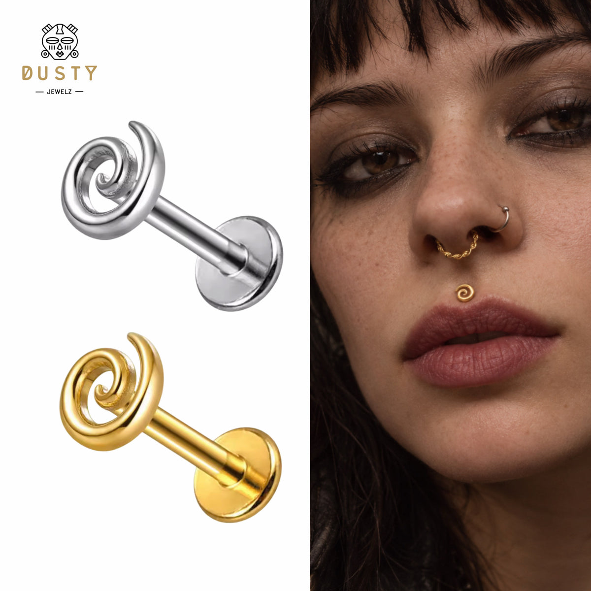 Titanium Spiral Labret Stud | Threadless or Internally Threaded | Gold or Silver