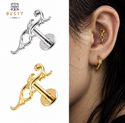 Baroque Vine Threadless Labret Stud | Titanium Gold or Silver