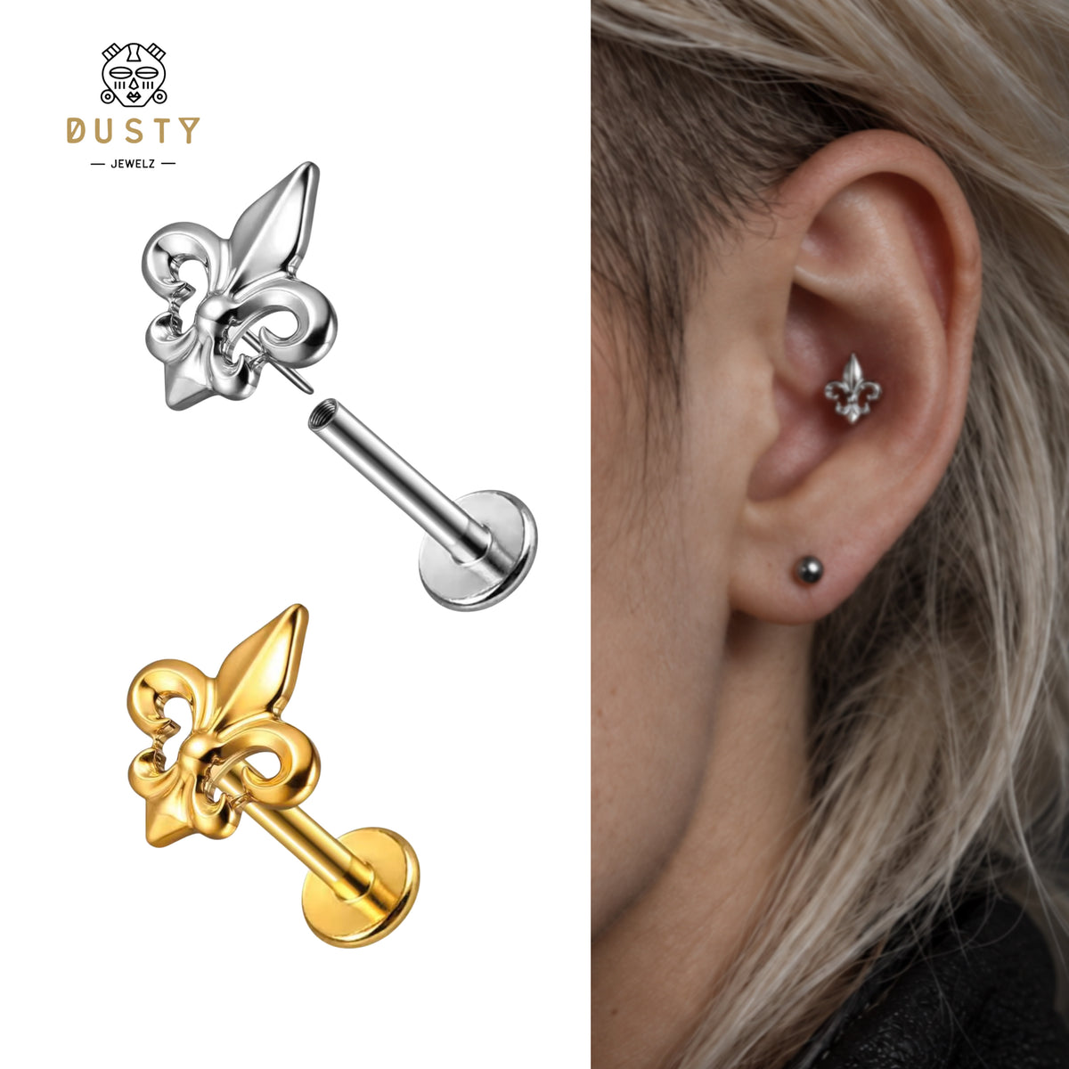 Fleur-de-Lis Titanium Threadless Flat Back Stud | Gold or Silver