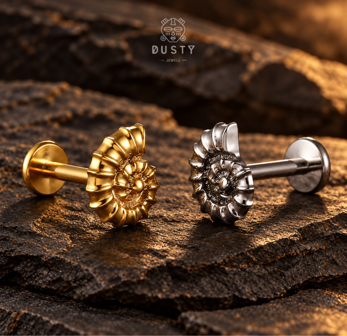 Nautilus Shell Titanium Threadless Flat Back Stud | Gold or Silver
