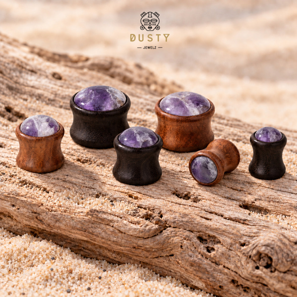 Amethyst & Wood Double Flare Plugs | Light or Dark Wood | 6–16mm