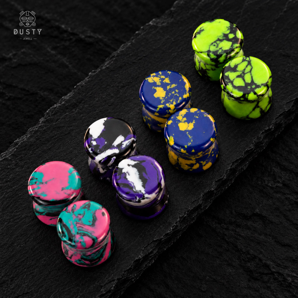 Colourful Marbled Stone Saddle Plugs | 6–20mm