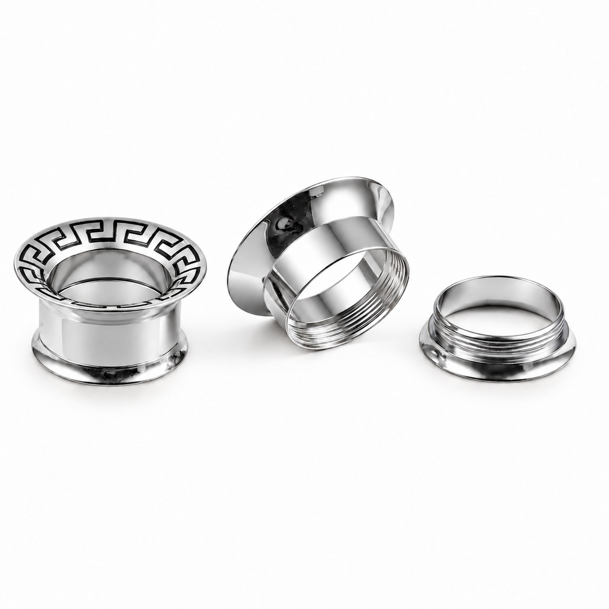 Greek Key Stainless Steel Screw Back Tunnels | Gold & Silver | 8–16mm