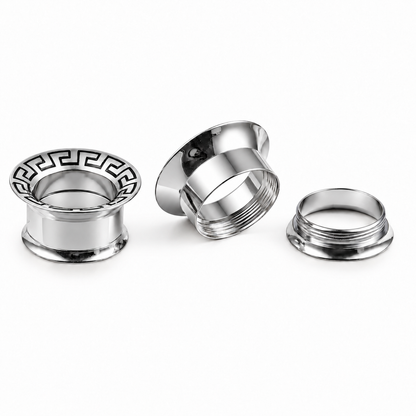 Greek Key Stainless Steel Screw Back Tunnels | Gold & Silver | 8–16mm