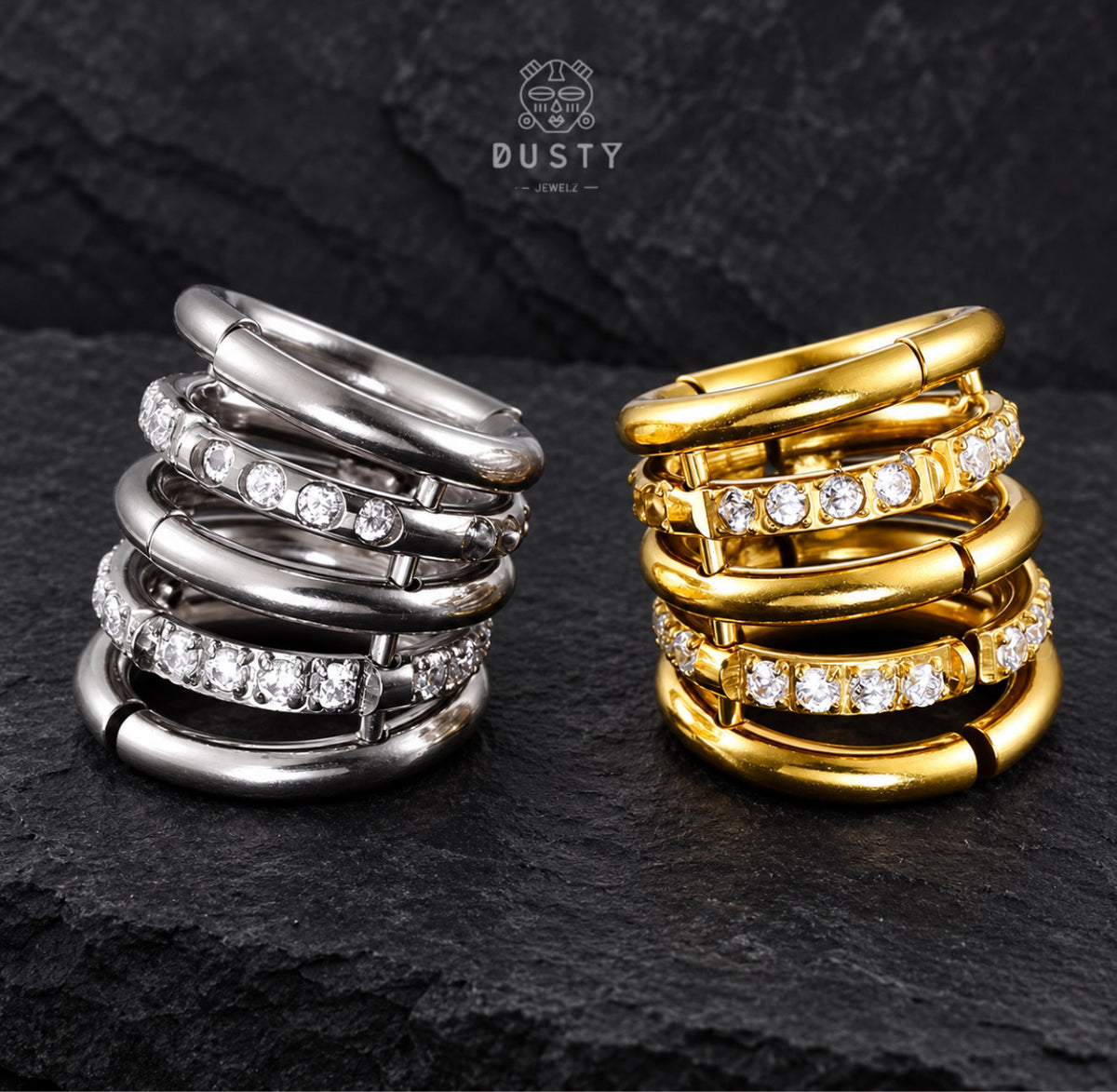CZ Ringed Lobe Cuff for Stretched Ears | Gold & Silver