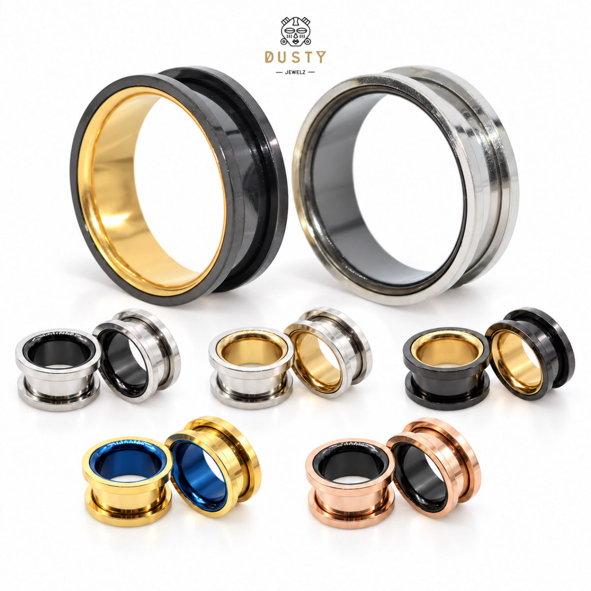 Two-Tone Stainless Steel Ear Tunnels | Screw-On Double Flare | 6–30mm | Pair