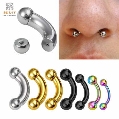Piercing jewelry set with nose ring and various colors on a white background.