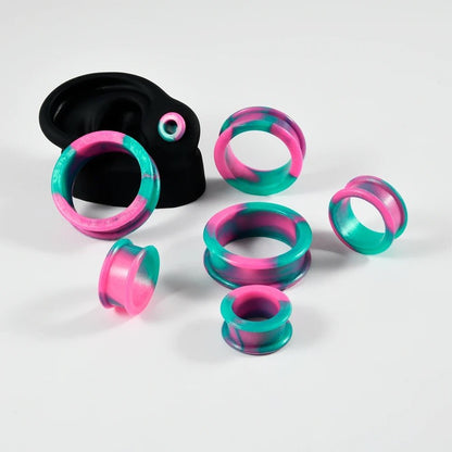 Extra Big Marble Silicone Tunnels | Flexible Plugs | AQUA & PINK | 8mm - 38mm - DustyJewelz