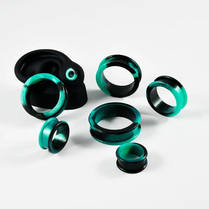 Extra Big Marble Silicone Tunnels | Flexible Plugs | BLACK & AQUA | 8mm - 38mm - DustyJewelz