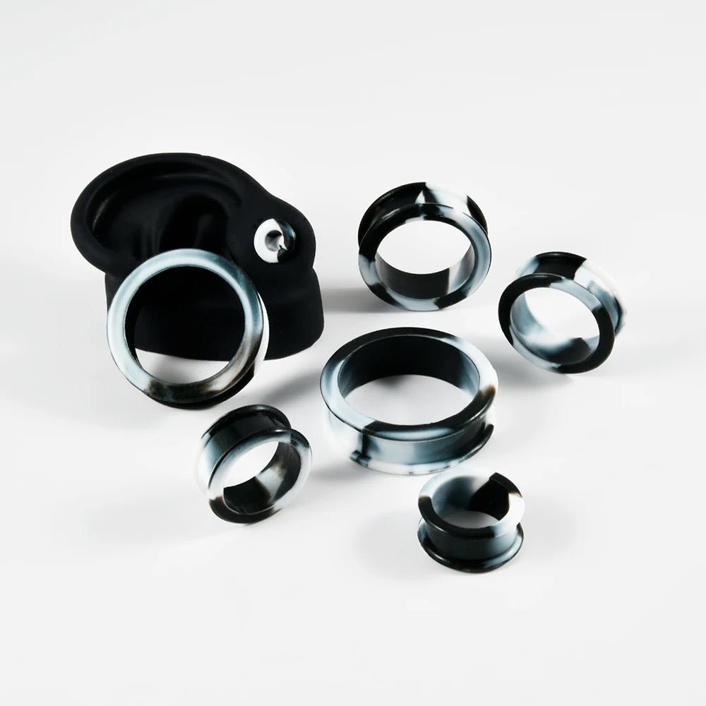 Extra Big Marble Silicone Tunnels | Flexible Plugs | BLACK & WHITE | 8mm - 38mm - DustyJewelz