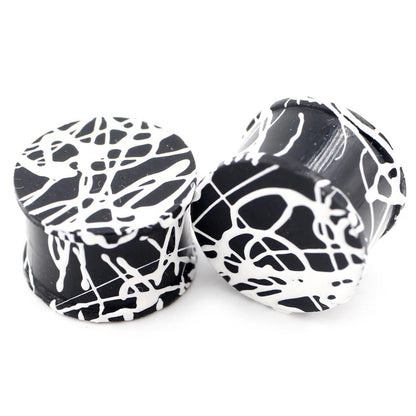 Extra Big Silicone Plugs | Double Flare | Splatter Paint | BLACK & WHITE - DustyJewelz