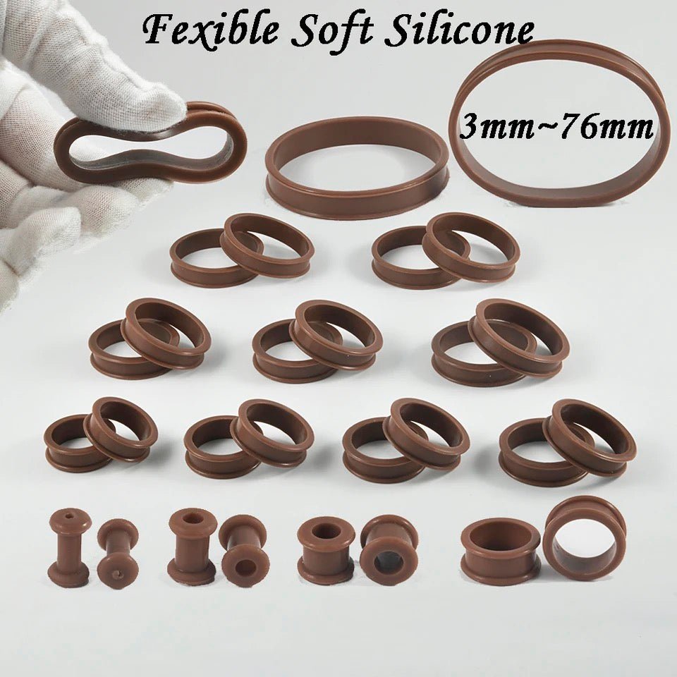 Extra Big Silicone Tunnels | Flexible Plugs | DARK BROWN | 28mm - 76mm - DustyJewelz