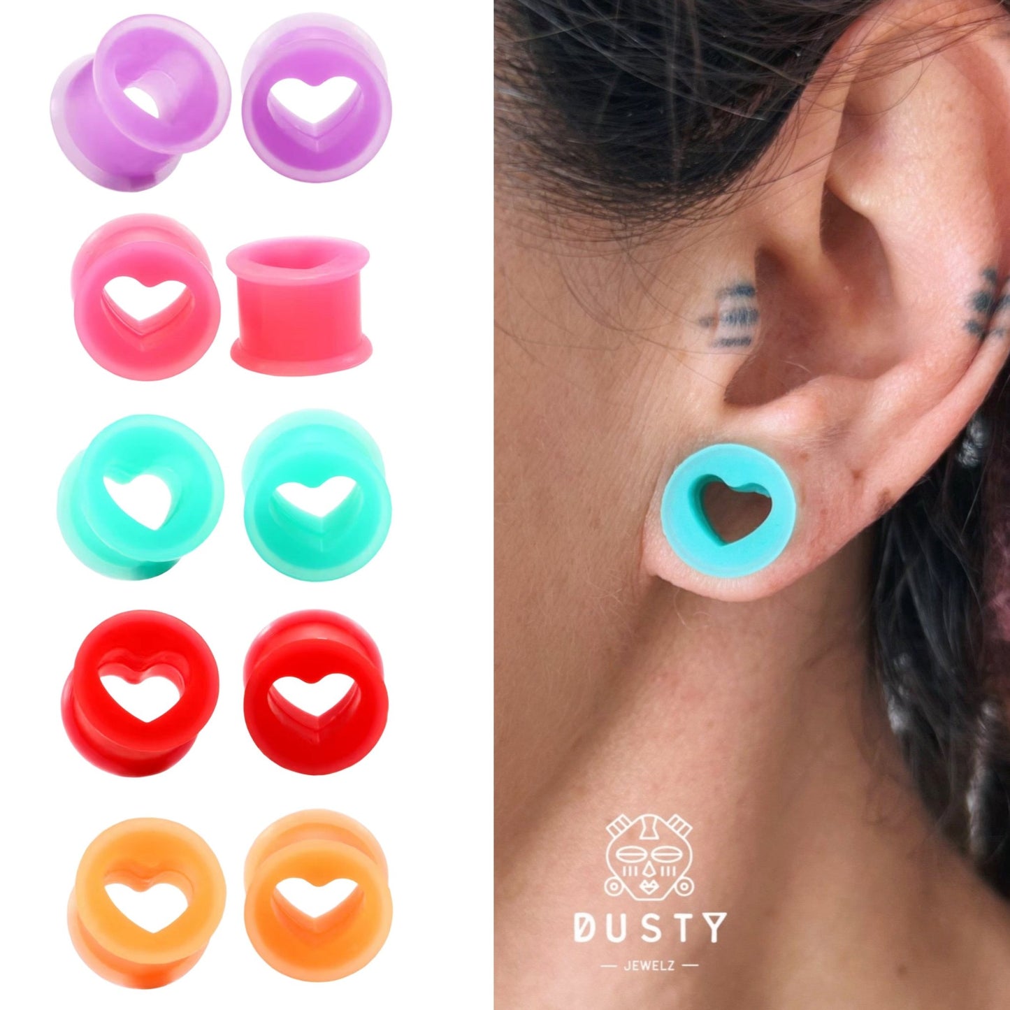 Heart Silicone Plugs | Colourful Flexible Tunnels | 4mm - 25mm - DustyJewelz