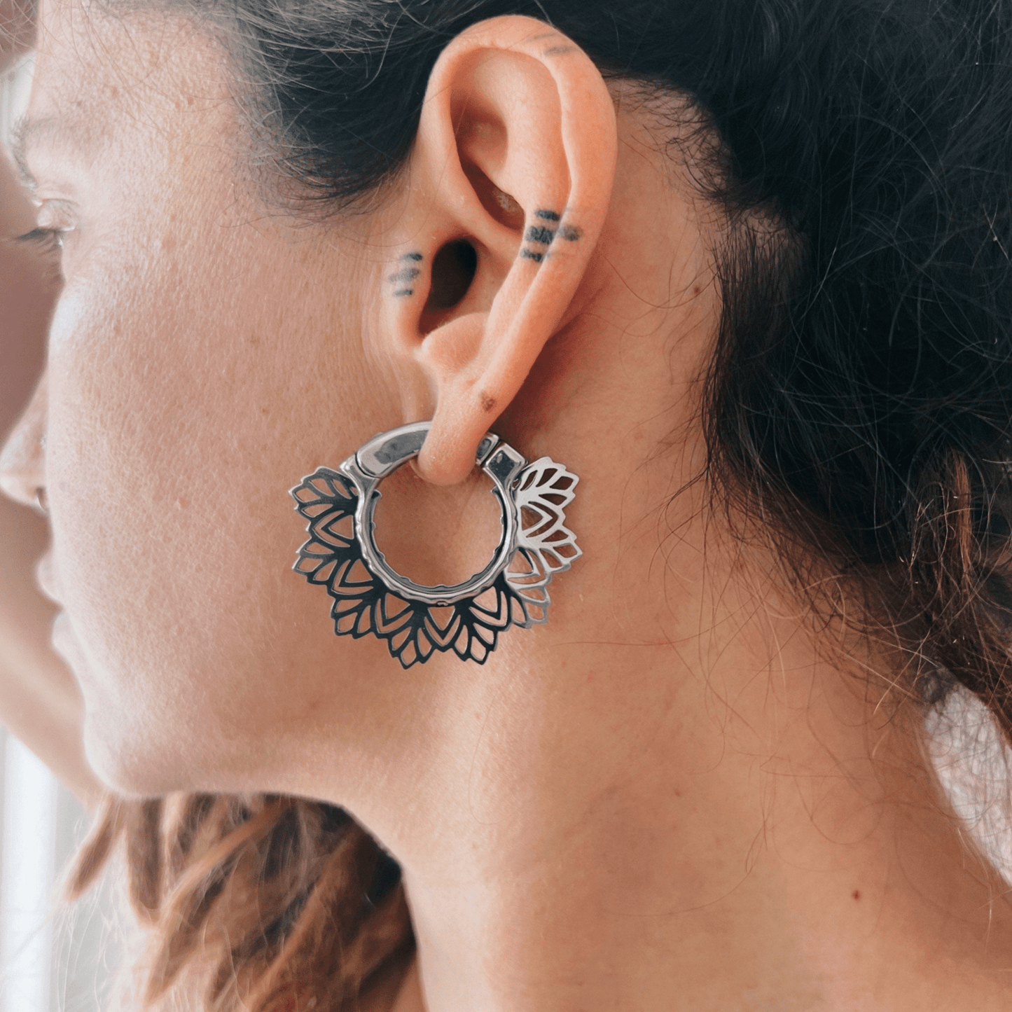 Mandala Floral Hoop Ear Weights | Lobe Hangers - DustyJewelz
