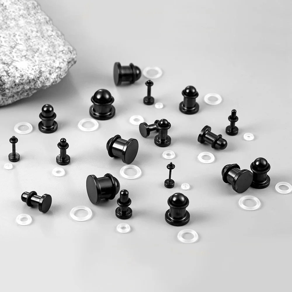 Single Flare BLACK Steel Plugs | Dead Stretching Plug | 0.5mm Increments - DustyJewelz